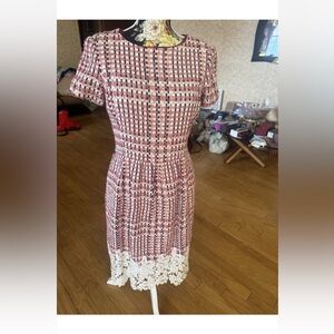 Oscar de la Renta Pink and White Tweed Dress with Lace Trim